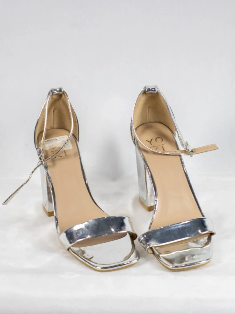 Yoki Metallic Silver Square Toe Ankle Strap Block Heels Size 6.5